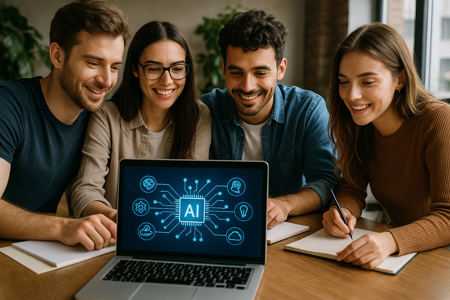 Cuatro jóvenes emprendedores sonrientes colaboran frente a un portátil que muestra un diagrama de IA.