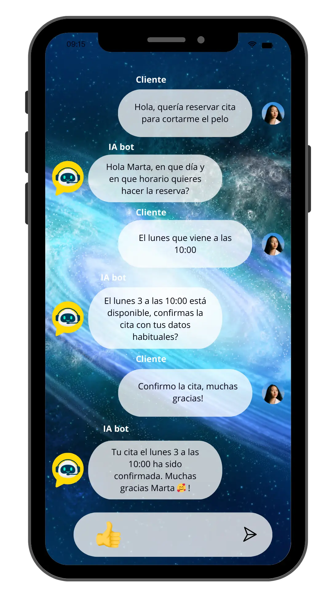 Chatbot de reservas automáticas en WhatsApp Simulación de conversación entre cliente y bot de IA para agendar una cita de peluquería.